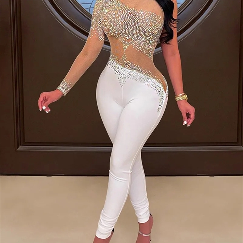 Women Sexy One Shoulder Rhinestone Sheer Mesh Patchwork Skinny Jumpsuit 250318