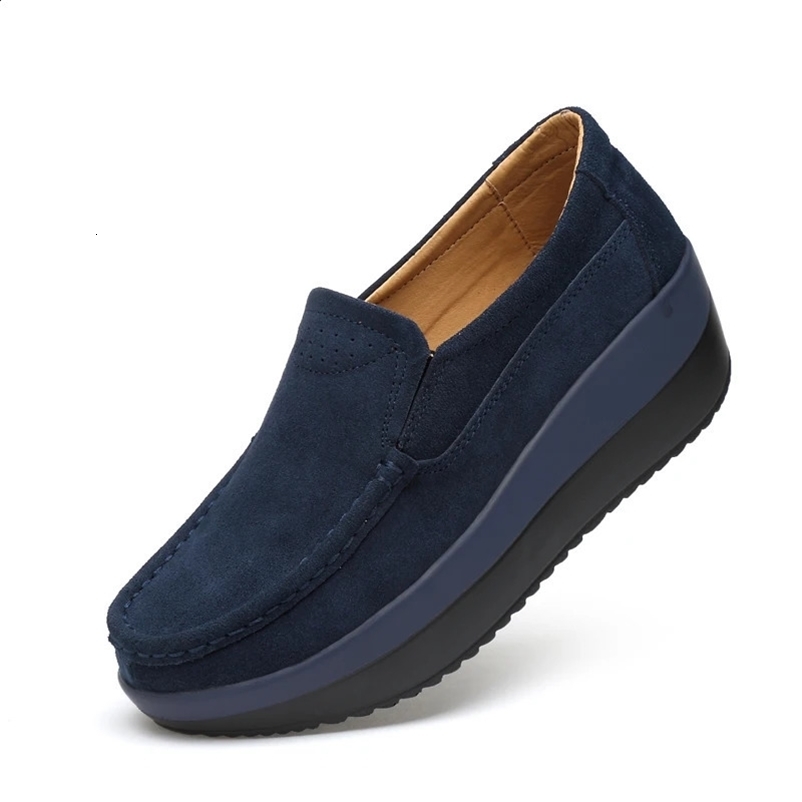 Womens flat platform Loafers womens elegant suede leather Moccasin shoes womens sliding on Moccasin womens blue casual shoes 240930bj