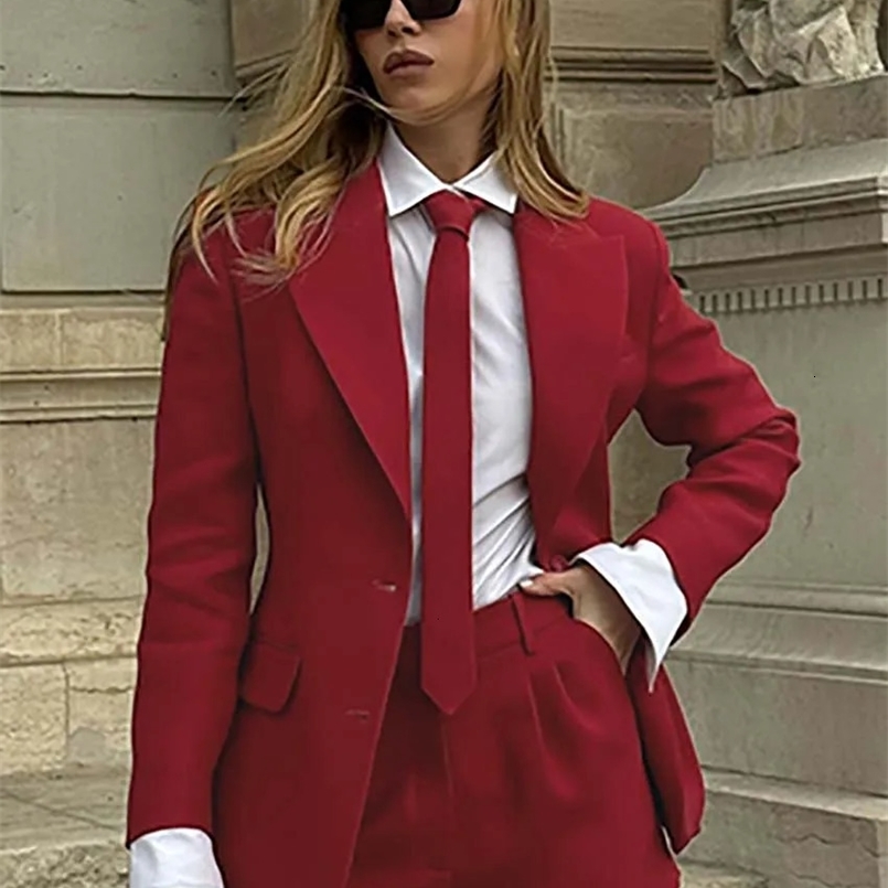 Oymimi Elegant Red Womens Two Pieces Set Fashion Long Sleeve Pockets Tie Button Blazers And High Waisted Simple Shorts Sets 250226