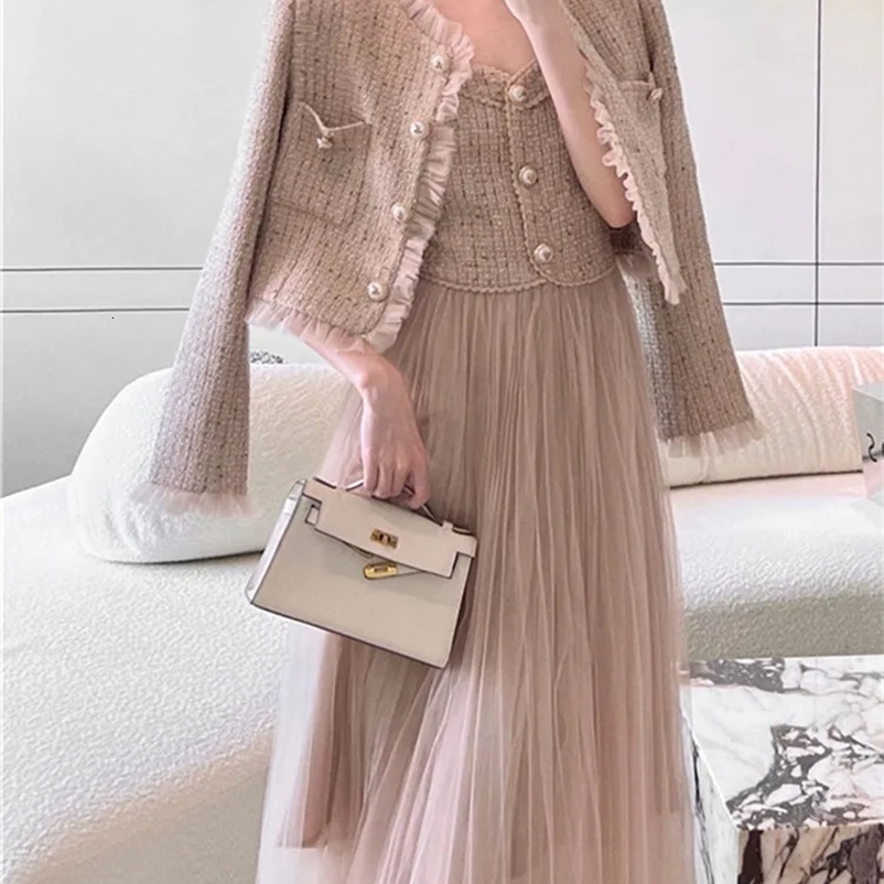 High Quality Tweed 2 Piece Dress Sets Women Outfits Vintage Short Jacket Coat Sexy Strapless Woolen Patchwork Mesh Dress Suits 240729