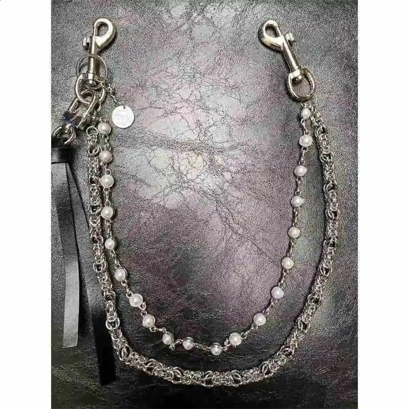 Fashionable and minimalist mens double-layer pearl sheepskin sheath with retro hip-hop punk style keychain y2k pants chain acce 250311