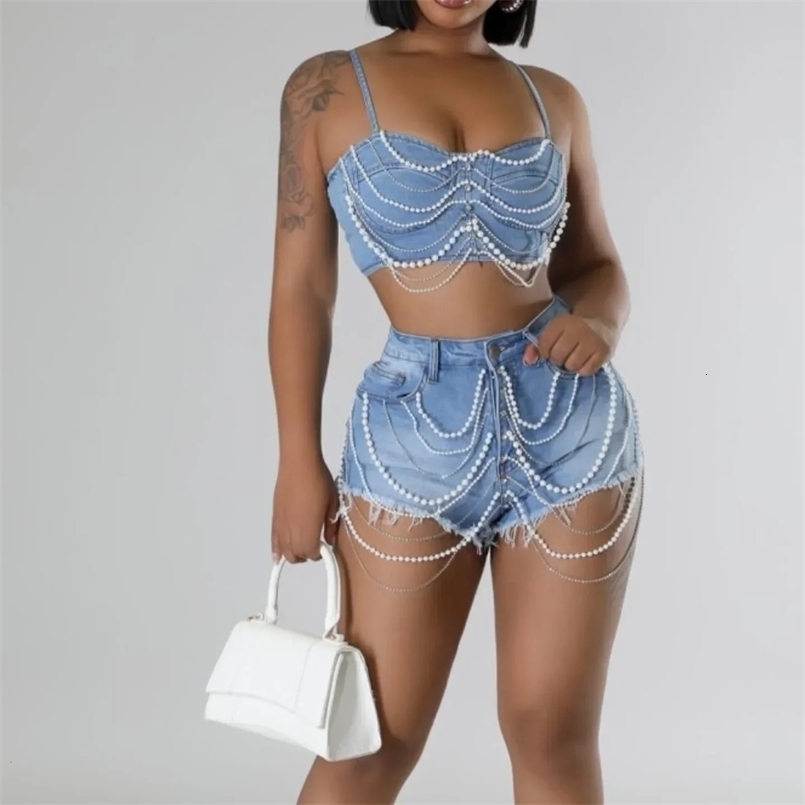 Sexy Denim Jean 2 Piece Matching Pant Set Outfits Women Clothes Y2K Cargo Shorts Pant Cropped Jean Pearl Chain Tops 250222