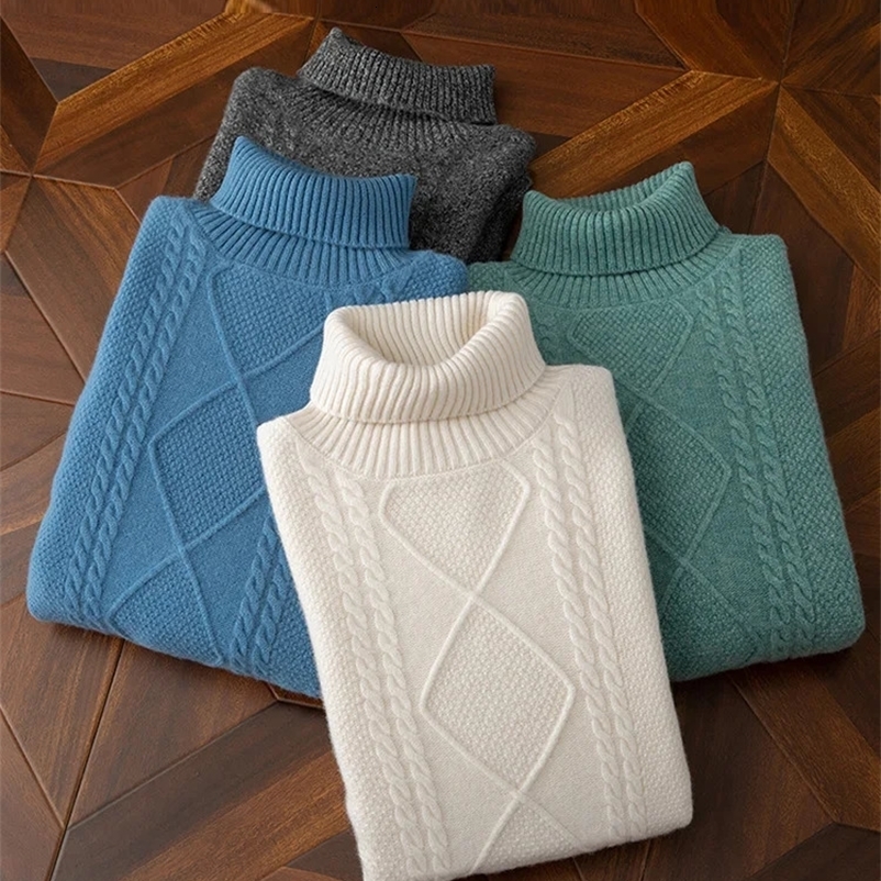 Winter Thickened Turtleneck Jacquard Mens Sweater Pure Wool Knit Pullover Business Casual All-Match Mens Top Woolen Sweater 240729
