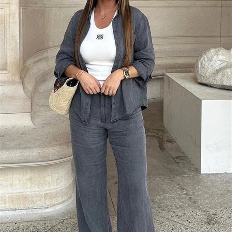 TRAFZA Womens Fashion Set Solid Color Button V-neck Loose ShirtHigh Waist Pocket Casual Long Jeans Retro Comfort Set 241206bj