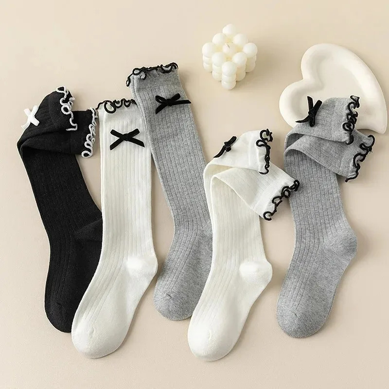 1 Pair Chic Simplicity Kids Girl Sock Sweet Fashion Bow Ruffle Children Calf Spring Autumn Cotton School 250812