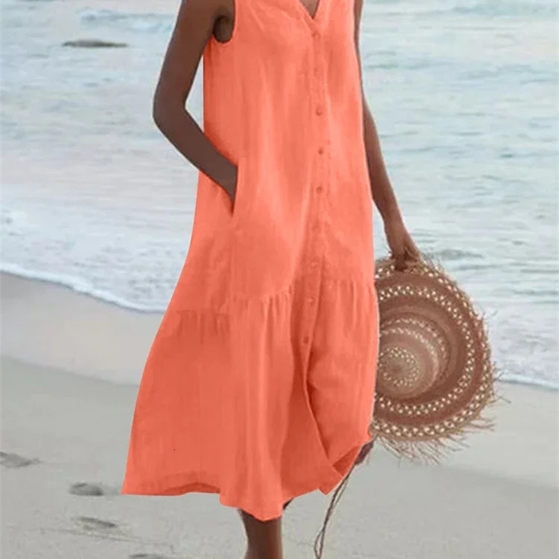 Summer loose casual patchwork cotton linen pocket dress V-neck beach style dress sleeveless retro club Midi solid womens dress250425bj