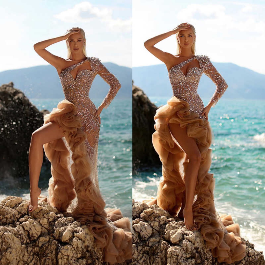 Luxury Evening Dresses Mermaid Halter One Shoulder Crystals Backless Sleeveless Prom Gowns Party Dresses Custom Made Vestidos de noche