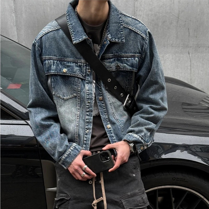Man Clothing American Vintage Blue Denim Jacket Loose Outwear Men Wide Shoulder Short Jeans Coats Casual Pockets High Streetwear 250922