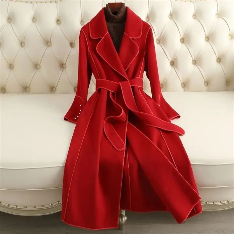 Womens Double-Faced Woolen Jacket Spring Autumn Long Woolen Coat Female Casual Trench Coats Windproof Overcoat Camel 4XL 240727