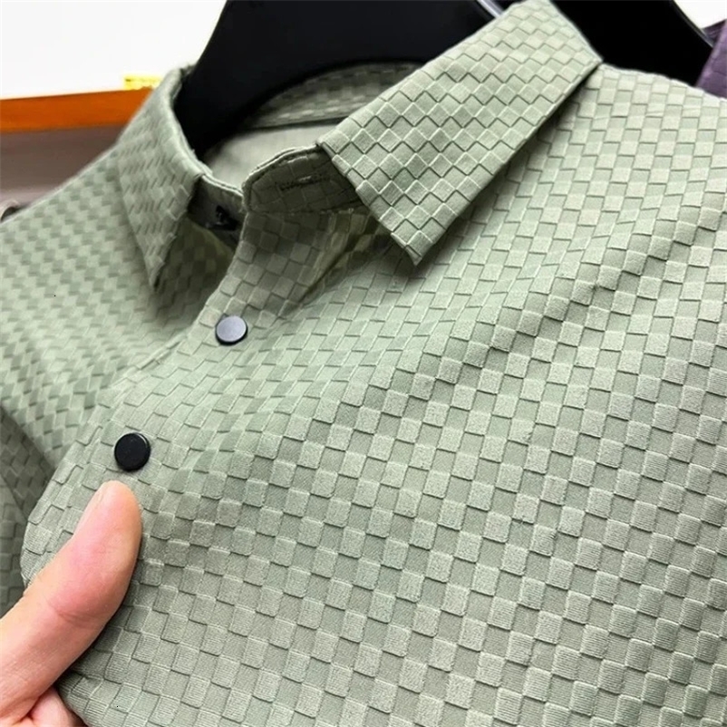 Mens and fashionable waffle short sleeved polo shirt collar ice silk breathable casual summer style high-end 250327