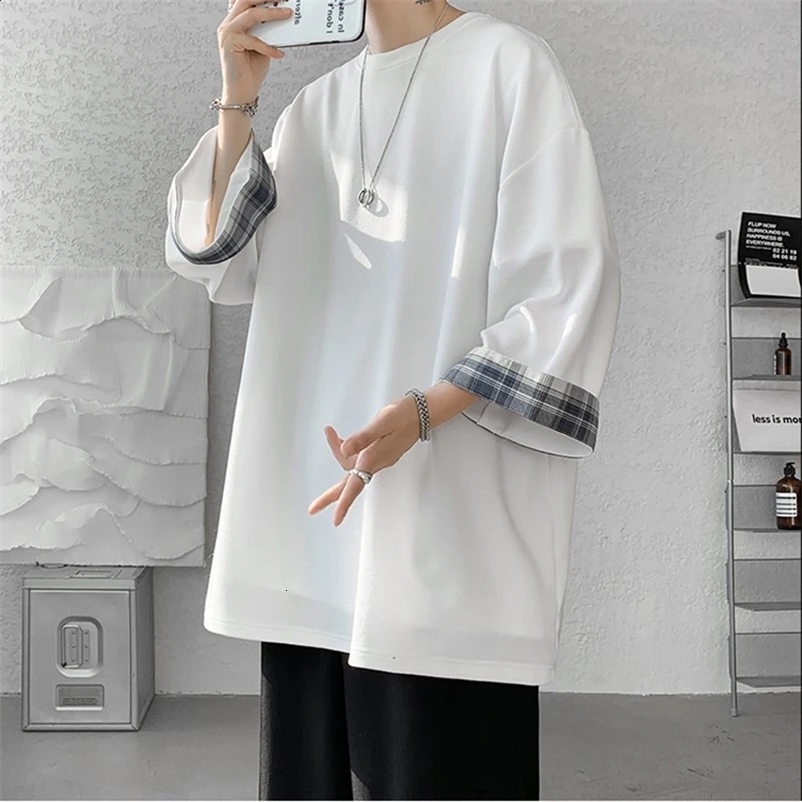 men t shirts Summer Mens T-shirts Women Oversized 2XL Korean Style Loose Plaid T-shirt Casual Seven sleeves T-Shirt Male White 240724bj