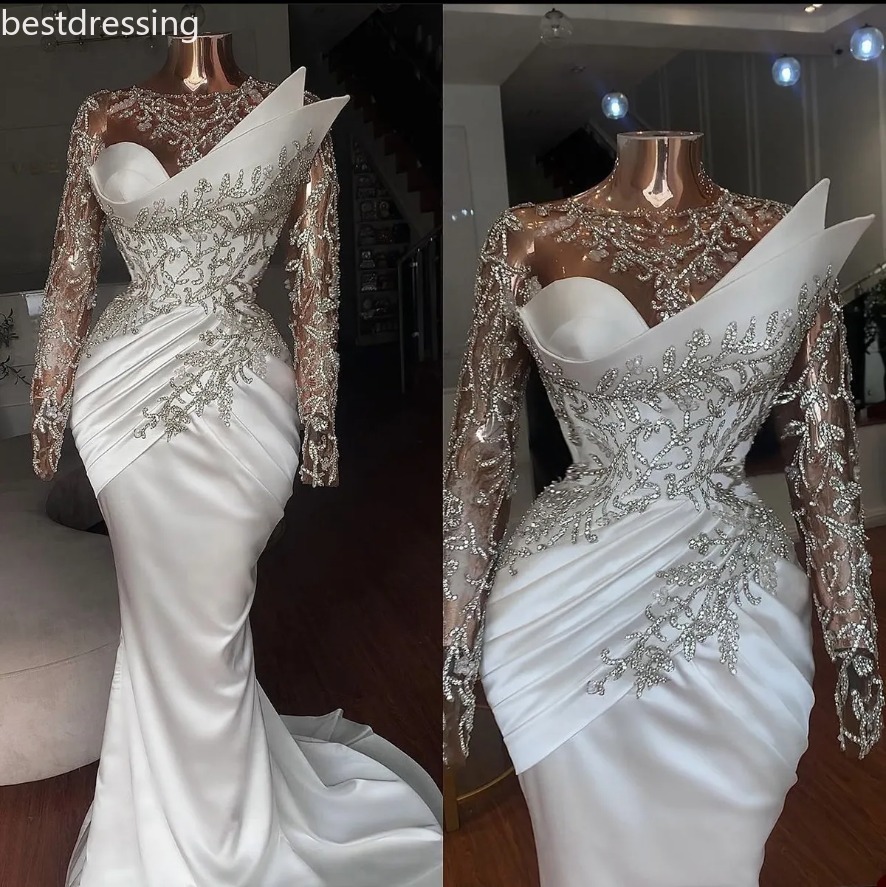 Fashion Mermaid Wedding Dresses Designer O-neck Appliques Satin Pleats Sleeves Illusion Court Gown Custom Custom Made Plus Size Bridal Gown Vestidos