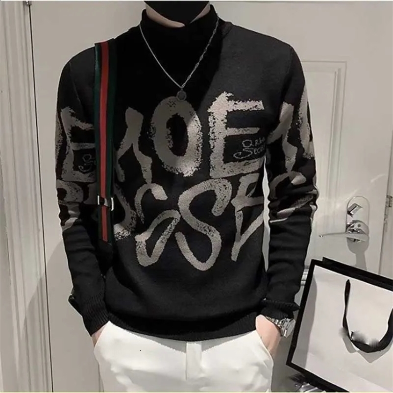 Fashion Stand Collar All-match Letter Sweaters Mens Clothing Autumn Winter Loose Knitted Casual Pullovers Korean Tops 240914