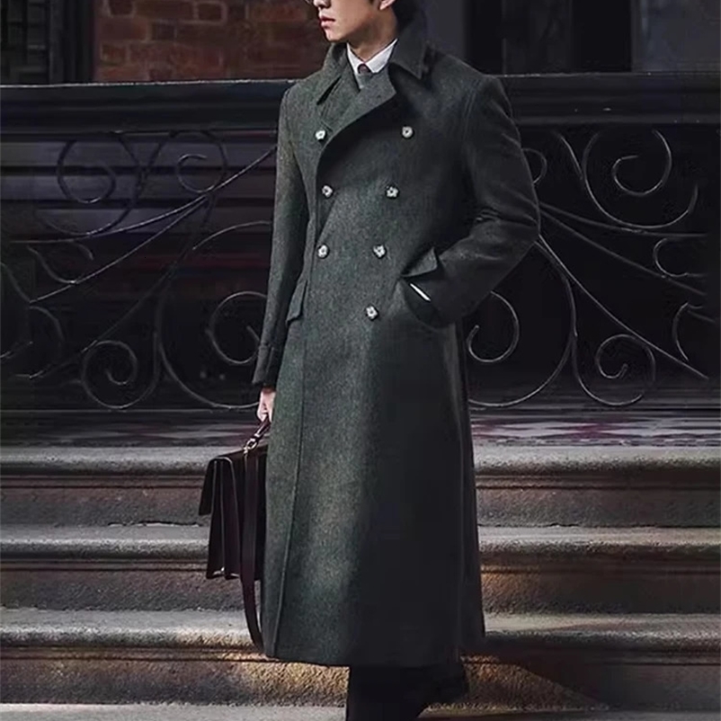 Mauroicardi Autumn Winter Long Warm Green Polo Coat Men Double Breasted Cool Elegant England Style Wool Blends Overcoat 241223bj
