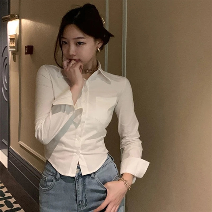 Korean White Office Women Chiffon Shirt Pocket Button Lapel Ladies Blouse Spring Long Sleeve Female Crop Tops 250422