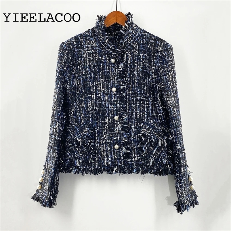 Dark Blue Tweed Jacket spring / autumn /winter womens jacket coat classic ladies wild ladies bright wire braided tweed jacket 240821