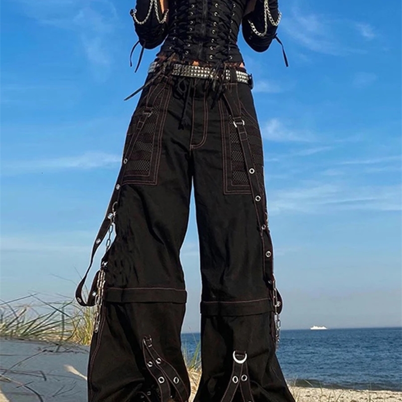 Womens cargo jeans striped zipper button closed loose casual Trouser street clothing with pockets autumn spring clothing punk Y2K 90s 241031