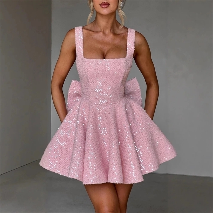 Sexy Womens Clothing U-Neck Bow-Decored A- Line Mini Skirt European And American Style Bright Face Female Dress 250401