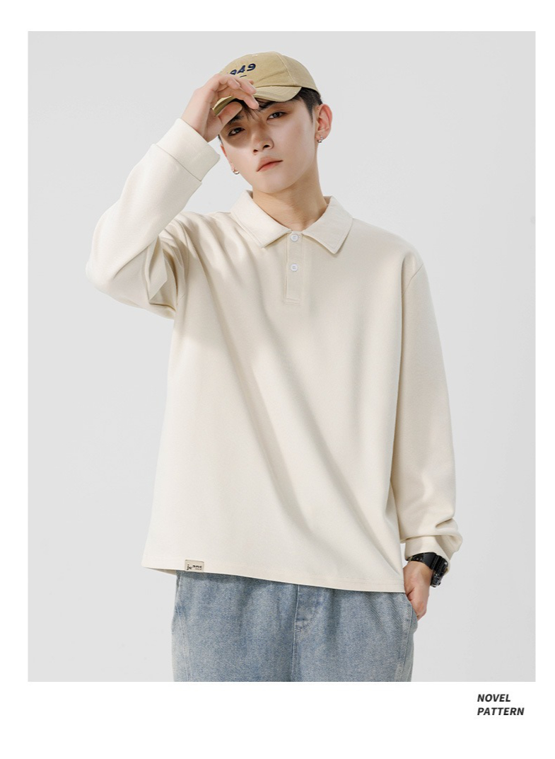 455 Men Long-sleeved Autumn and Winter Heavy Loose Solid Color Lapel Youth Casual