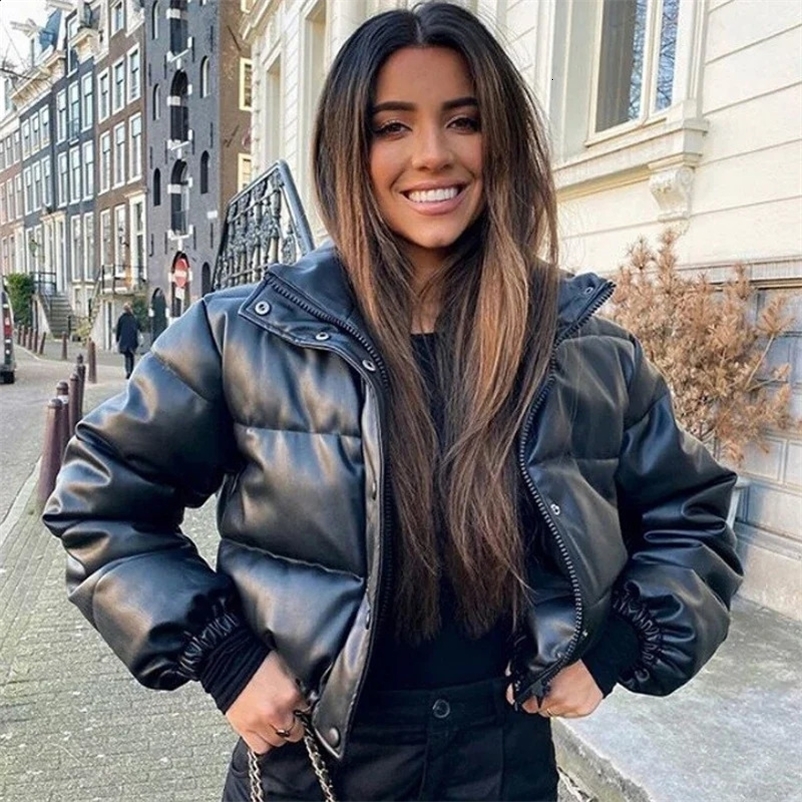 Winter Thick Warm PU Leather Coats Women Short Parkas Female Fashion Elegant Zipper Black Cotton Padded Down Jacket Lady 240823