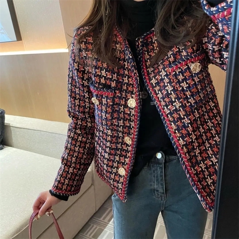 Womens Elegant Open Front Round Neck Fringed Plaid Tweed Jacket Coat Fashion Plaid Short Tops Outerwear 240821