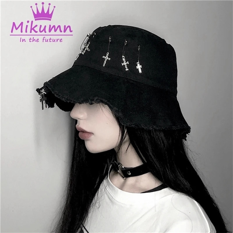 INS Harajuku Style Dark Black Cross Summer Fisherman Hat Hip Hop Cap Foldable Bucket Hats Men and Women Streetwear 240626