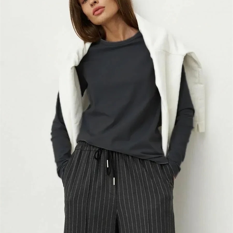 Bornladies Womens Spring Autumn 100% Cotton T-shirt Bottoming Basic Solid Lady Long Sleeve Loose Tops Shirts Oversized T Shirt 250206
