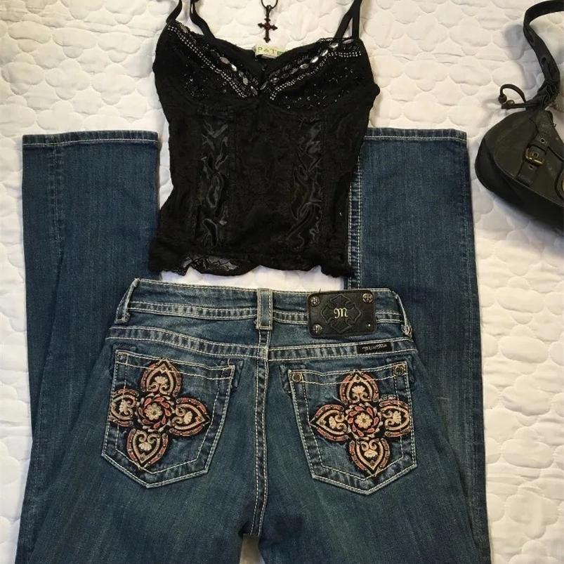 Y2K Harajuku Style Fashion Oversized Embroidered Baggy Jeans Women Street Retro Punk High Waist Casual Joker Wide Leg Pants 240708