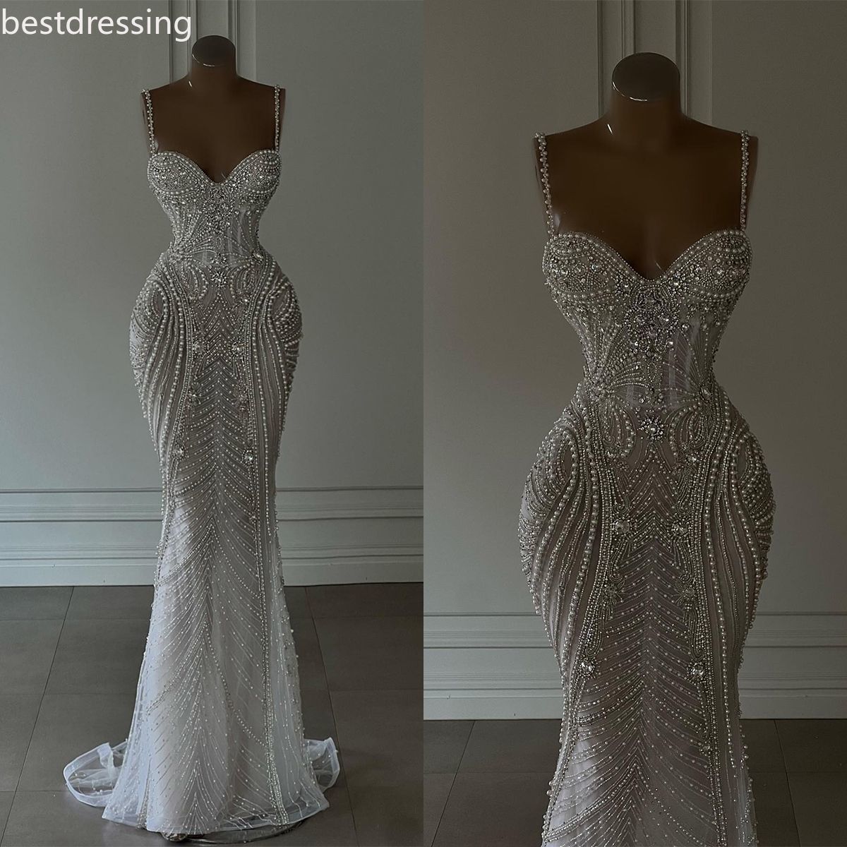 Robes de mariée sirène Spaghetti Perles de chaîne de perles chérie Backless Zipper Longueur Custom Made plus taille Bridal Verstidos de Novia 092