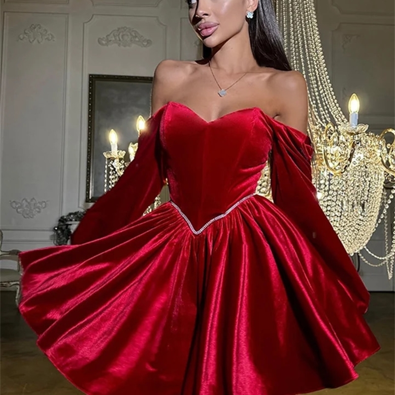 Sexy velvet strapless short sleeved party dress womens shoulder long sleeved bandage dress 2024 autumn womens Christmas evening dress 241206bj