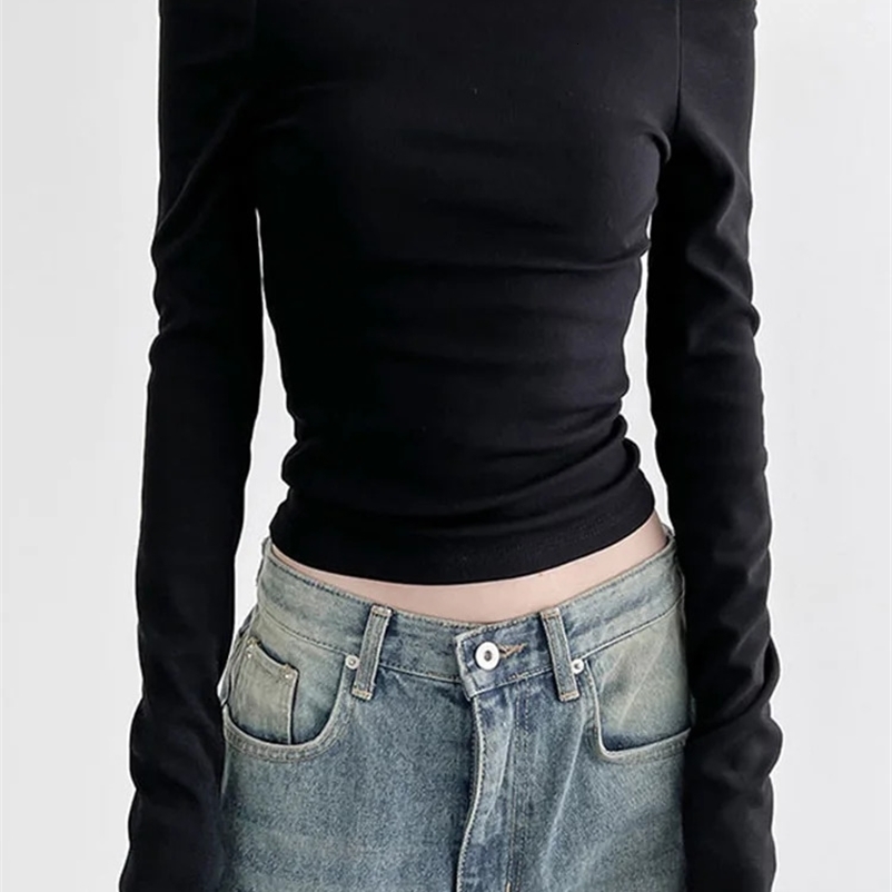 Black solid diagonal collar elegant long sleeved top Korean fashion ultra-thin sexy cut T-shirt womens autumn clothing 250425