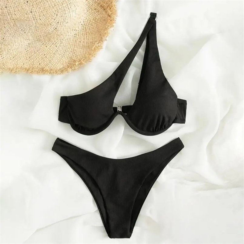 Women Sexy Bikini Set Solid Color One-shoulder Bra High Waist Briefs Set Women Beachwear Quick Drying Bathing Suit Lady Swimsuit 250318
