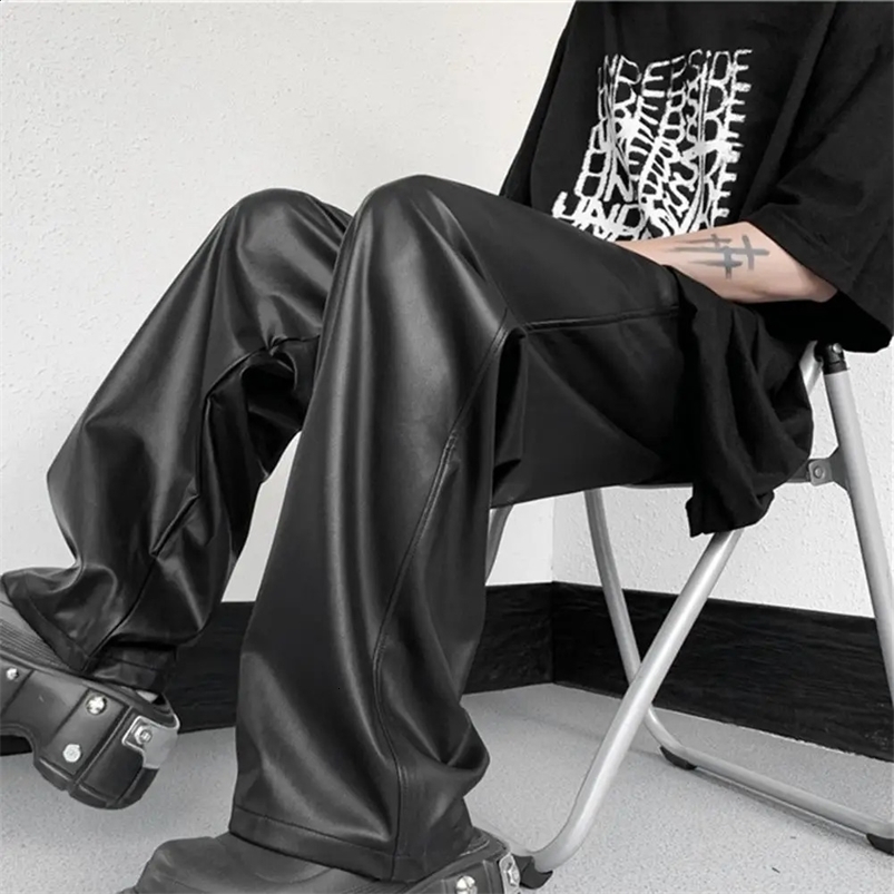 Men Straight Pants Drawstring Elastic Waist PU Leather Pants Hip Hop Wide Leg Loose Streetwear Unisex Waterproof Long Trousers 240816