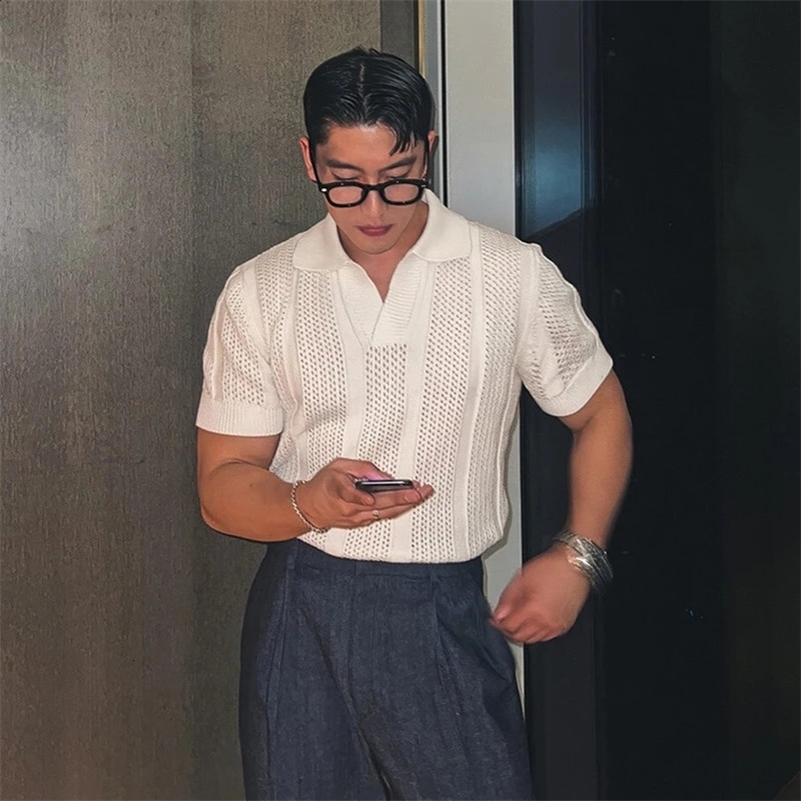 Mens Clothing Korean Hollow Out Polo Shirt Leisure V Neck Short Sleeve Solid Color Retro Streetwear Knitwear 241227