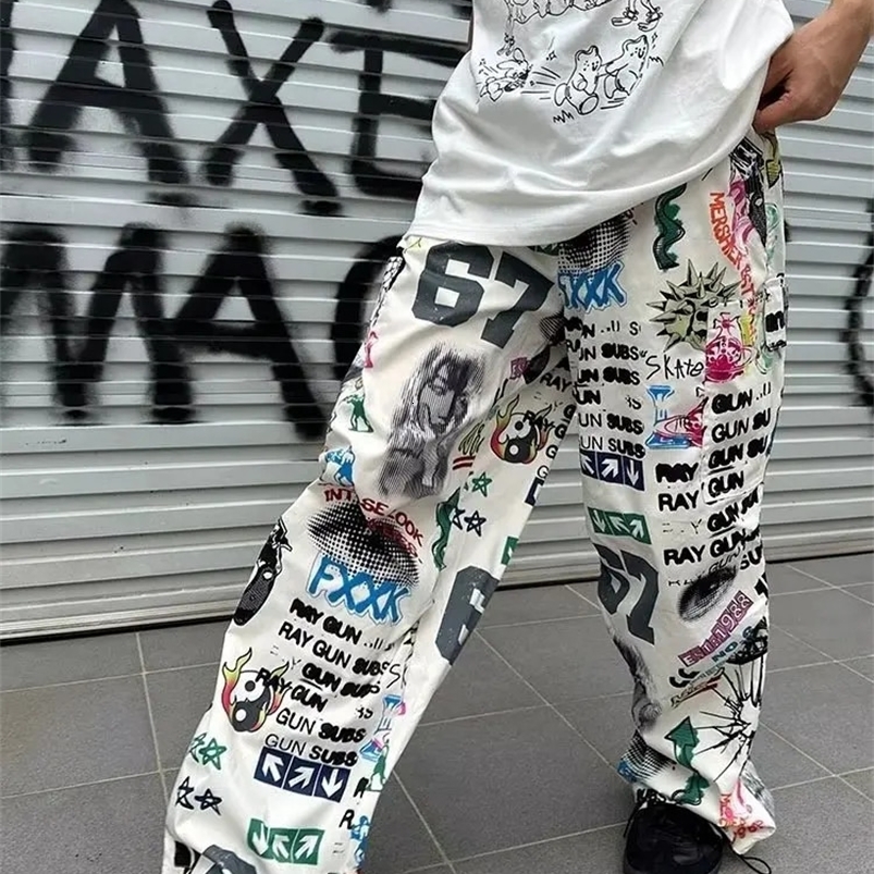 Mens Y2K Streetwear American Style Graffiti Cargo Pants Men Letter Print Casual Trousers Vintage Straight Long Pants Sweatpants 240708