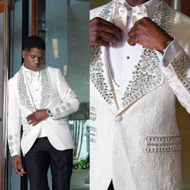 Exquisite Jacquard Men Suits 2 Piece Blazer Pants Jewelry Crystals Prom Blazer Customized Formal Party Wedding Groom Tuxedo