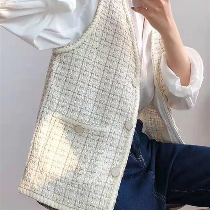 Jmprs Fall Women Sweet Tweed Vest Korean Casual Elegant Vest Jacket Fashion Female Single Breasted Loose V Neck Outwear 240823