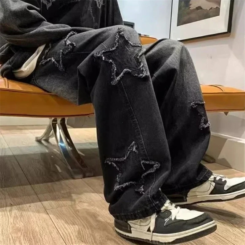 Stars Patchwork Mens Jeans Fashion Y2K Tassel Pants Korean Clothing Straight Hip Hop Splicing Mens Street Clothing 241126