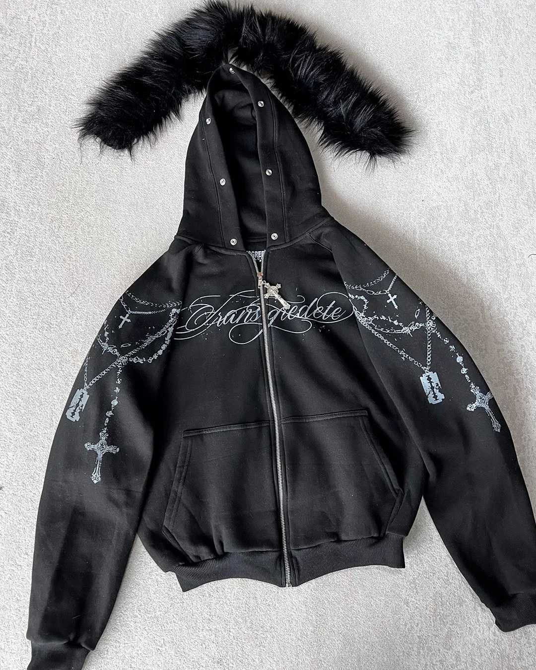Y2K New American Retro Rock Gothic Graphic Fur Collar Loose Zipper Sweatshirt Mens Harajuku Punk Casual Joker Hoodie Streetwear Q250923