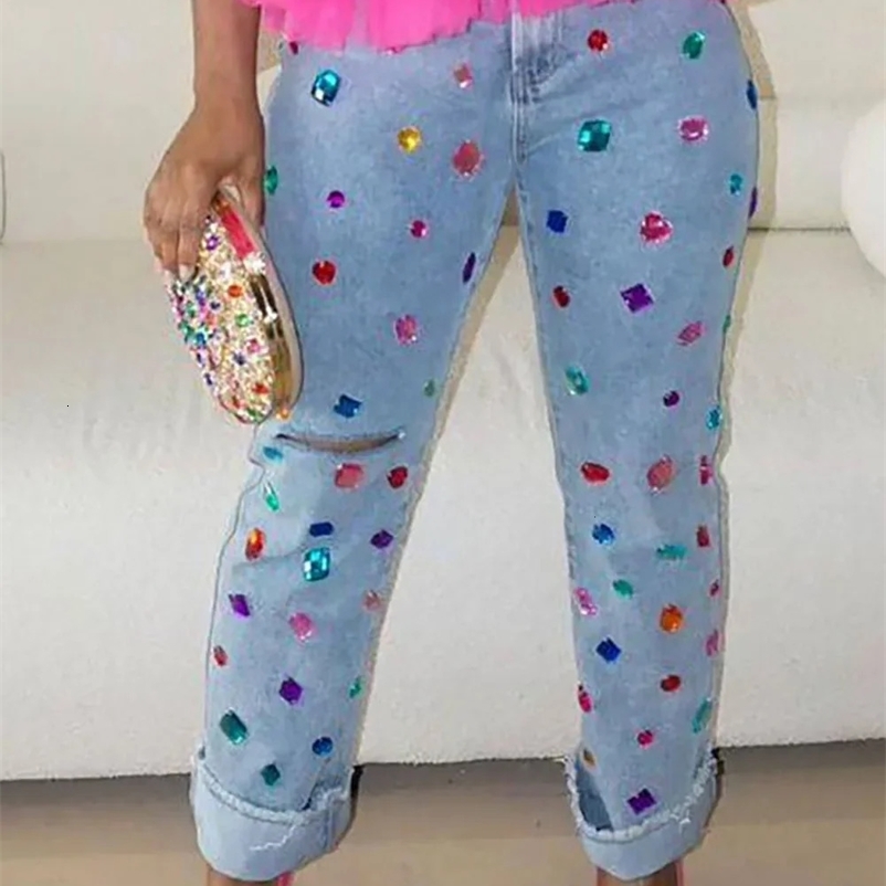 Womens Plus Size Jeans Casual Blue Denim Skinny Rhinestone Ripped High Street Vintage Y2K Denim Trousers Pants for Female 240806