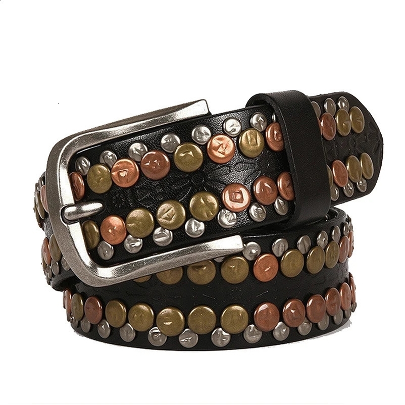 3.8CM Hip Hop Punk Style Mens Belt Round Rivet Genuine Cowboy Leather Belt Mens Cowboy Bolt Belt 240924bj