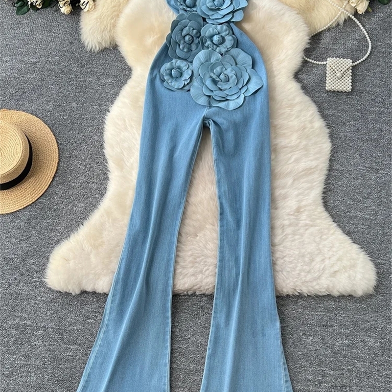 SINGREINY Fashion Denim Long Jumpsuits Zipper 3D Floral Chic Rompers Korean Trend Ins Solid Streetwear Women Playsuits 250206