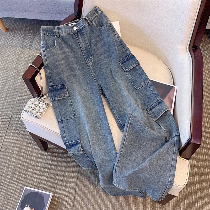 Plus size womens fall casual denim pants Blue washed denim fabric multi-pocket cargo pants loose and comfortable commute 250207