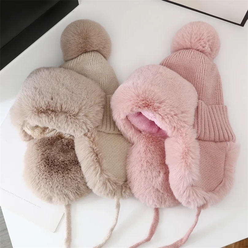 BeanieSkull Caps Winter Thick Outdoor Earflap Warm Hat Wool Knitted Snow Ski Cap Fleece Bomber Trapper Women Ushanka Faux Fur Pompom 230927