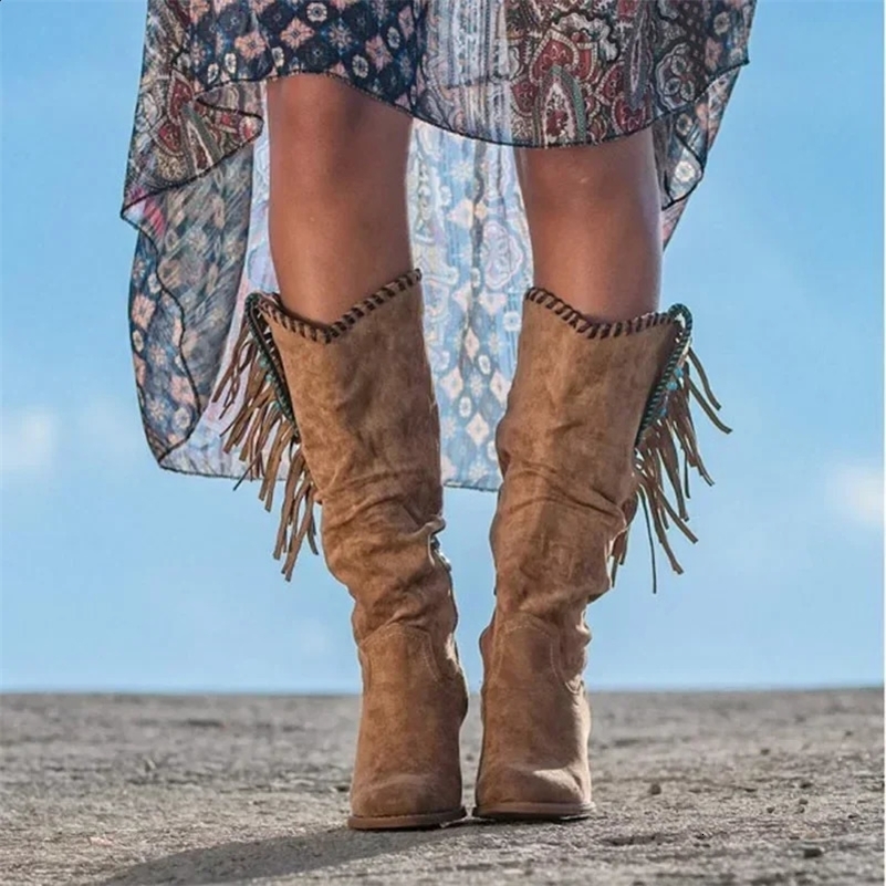 Womens Vintage Tassel Knee High Boots Autumn Faux Suede Square Heels Western Boots Women Pointed Toe Short Booties Plus Size 43 250313