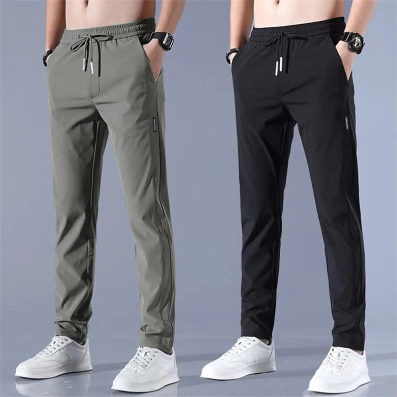 Ice Silk MenS Pants Summer Solid Color Thin Business Casual Pants Outdoor Elastic Breathable Straight Leg Sweatpants 240823