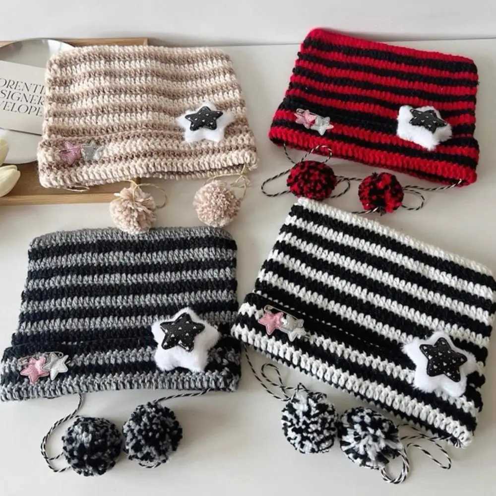 HOT Y2K Devil Ear Striped Knitted Wool Cap Beanie Hat Crochet Cute Cat Ears Pullover Womens Hats Ins Autumn Winter Cute HatsXJ250923