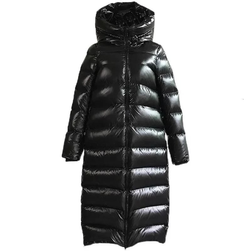 Fashion Down Jacket Womens Long Over The Knee Thin Winter Version Thick Bright Face Super Long Hooded Coat Warm 250917