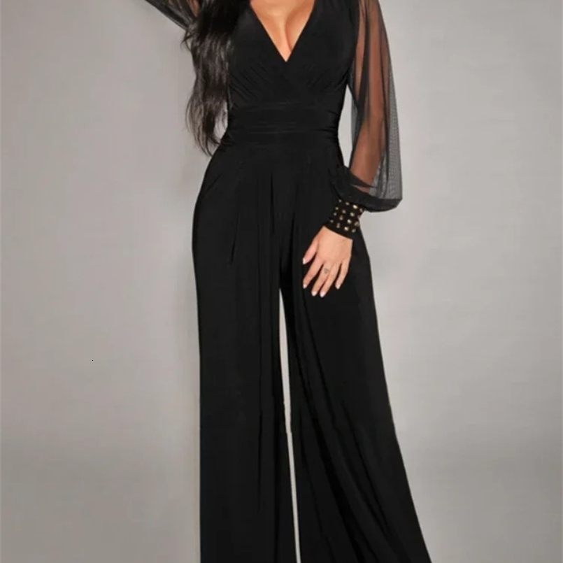 In Spring Summer Womens Jumpsuit Black V-neck Mesh Splicing Straight One-piece Female Jumpsuit Sexy Streetwear Clothes 250318