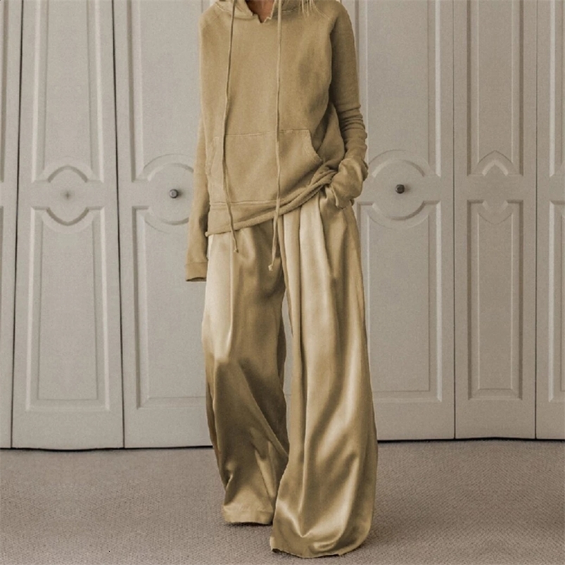 Yeezzi Spring Autumn Long Sleeves Drawstring Hooded Solid Color Hoodies High Waisted Wide Leg Pants Two Pieces Set For Women 240820
